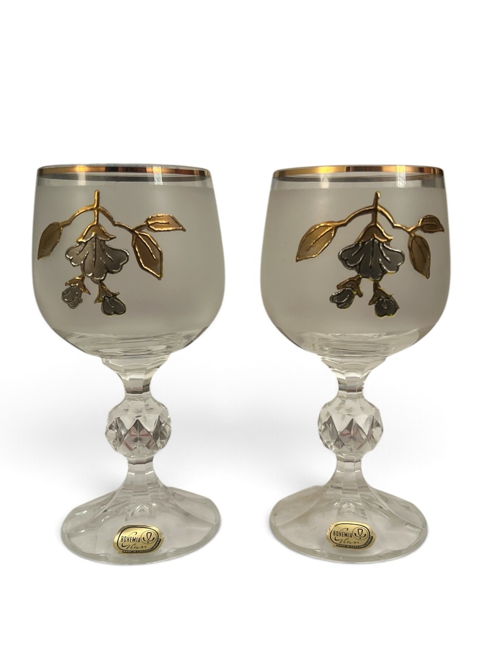 Bohemia Crystal Frosted Wine Goblets Gold Silver Floral Pair Vintage